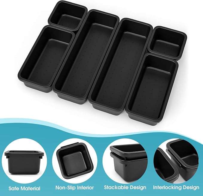 6 PCS Drawer Organizer Set, 3 Size Makeup Drawer Divider Organizer With Non-Slip Pads, Interlocking Plastic Storage Bins for Office,Jewelry Vanity,Gadgets, Bathroom,Kitchen, Black - Image 3