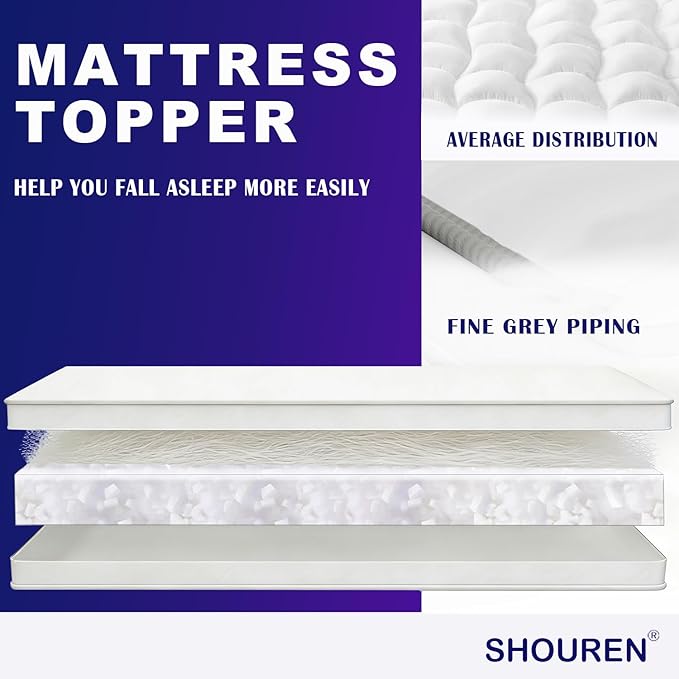 SHOUREN Memory Foam Mattress Topper Queen for Back Pain Relief, 2~3In Thick Plush Gel Foam Bed Topper 1700 GSM, Smooth & Supportive Pressure Relief, 80" x 60"