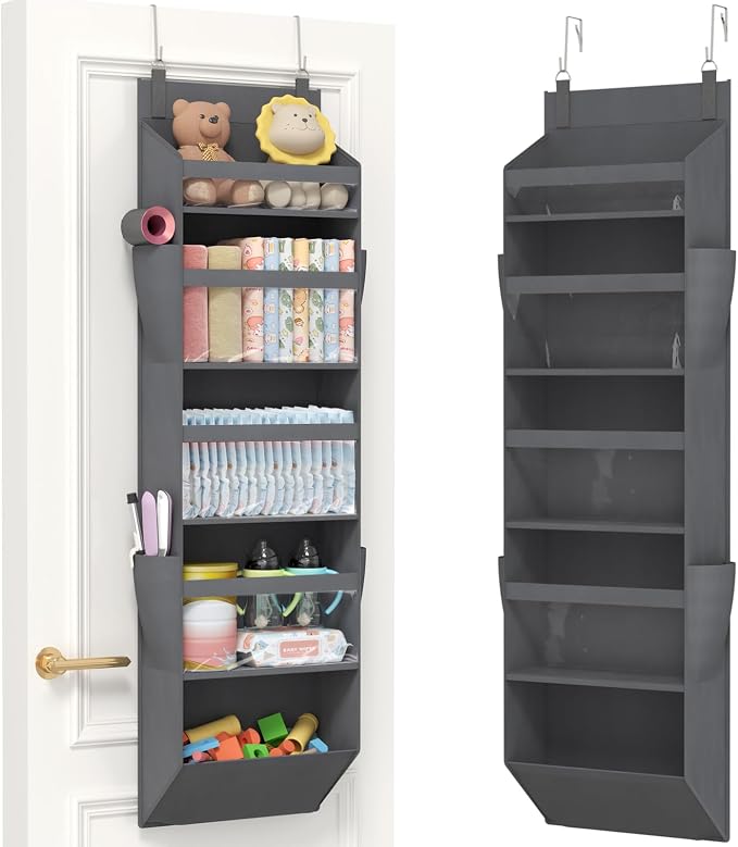 Lifewit 1 Pack Over the Door Organizer, 5 Section Clear Window Hanging Storage with 4 Side Pockets, Sturdy Anti Tilt 40 lbs Load Behind Door for Closet, Bedroom, Bathroom, Nursery, Dorm, Gray by Lifewit