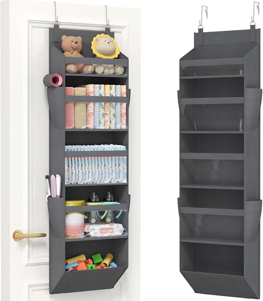 Lifewit 1 Pack Over the Door Organizer, 5 Section Clear Window Hanging Storage with 4 Side Pockets, Sturdy Anti Tilt 40 lbs Load Behind Door for Closet, Bedroom, Bathroom, Nursery, Dorm, Gray by Lifewit
