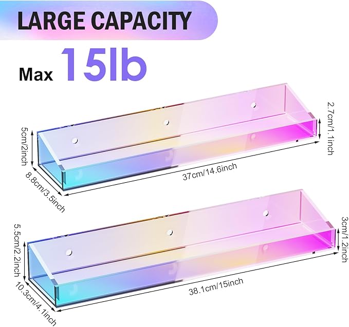 Bakzon 2 Pack Acrylic Shelves for Wall Storage, 15" Floating Shelves, Kids Bookshelf, Nail Polish Holder, Perfume Display Shelf Organizer for Bathroom, Bedroom, Living Room, Iridescent - Image 3