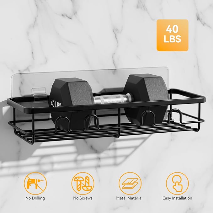 Adhesive Shower Caddy, Large Capacity Shower Racks for Inside Shower, No Drill Bathroom Shower Organizer and Storage, 2 Pack Black Bathroom Shelves, Home Decor Rv Accessories, Apartment - Image 5