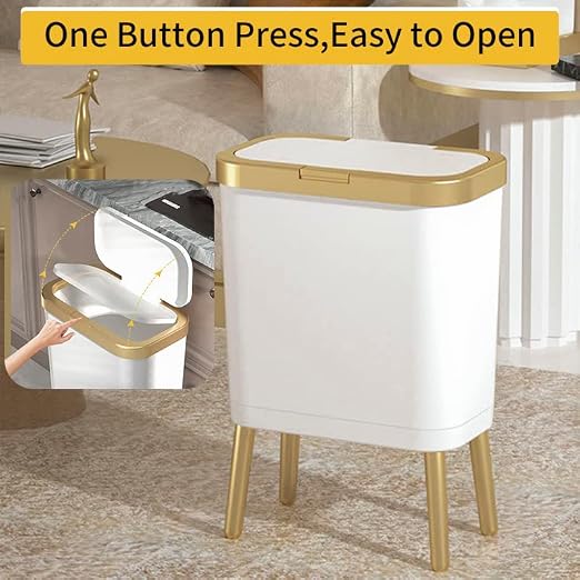 Procade Bathroom Trash Can with Lid, Plastic Garbage Can with Legs, 4 Gallon Gold Trash Bin with Push Button, Narrow White Trash Can Waste Basket for Bedroom, Living Room,Office，Dog Proof Trash Bin - Image 4