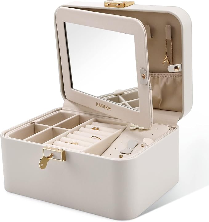 KAMIER Jewelry Box, 2 Layers PU Leather Jewelry Organizer Box, Large Capacity, Double Lock and Large Mirror, Hidden Necklace Hooks, Removable Dividers, Grey by KAMIER
