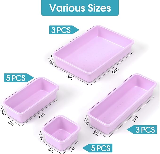 16 PCS Drawer Organizer Set, 4 Size Makeup Drawer Divider Organizer With Non-Slip Pads, Interlocking Plastic Storage Bins for Office,Jewelry Vanity,Gadgets, Bathroom,Kitchen, Purple - Image 2