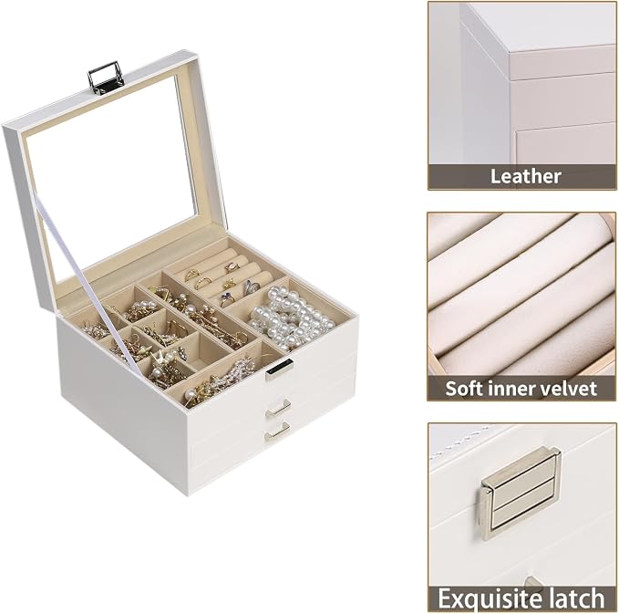 BOOVO Clear Lid Jewelry Box,3 Layers Jewelry Organizer Large Multi-Functional Jewelry Storage Box with 2 Drawers,Jewelry Display Case of Rings Earrings Necklace Bracelets for Women Girls (White) - Image 2