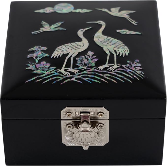 February Mountain Mother of Pearl Mini Jewelry Box - Organizer for Earring Necklace Ring & Bracelet Jewelry Display Storage Case for Woman Unique Gifts (Crane_Black) - Image 4