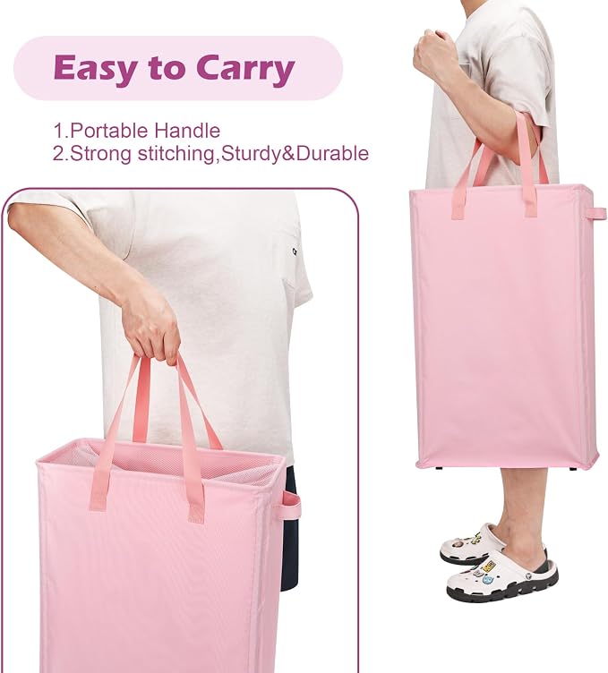 Odonata Slim Laundry Hamper Handles Collapsible Laundry Basket Thin Dirty Clothes Basket Narrow Laundry Bag Foldable Dirty Hamper 45L (Pink) - Image 4
