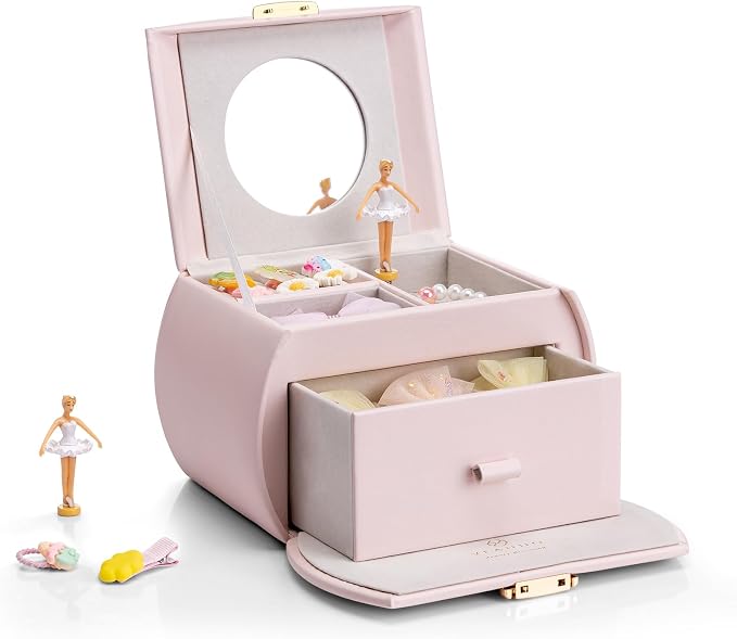 Vlando Musical Jewelry Box with Spinning Ballerina, Lockable Girls’ Jewelry Organizer for Necklaces Rings and Hair Accessories, Gift for Girls and Kids, Barely Pink by VLANDO