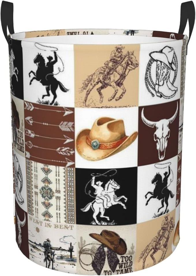 Laundry Basket Room Decor,Round Laundry Hamper Waterproof Dirty Clothes Hamper Collapsible Laundry Baskets With Handles,Toy/Clothes Storage Basket For Home Dorm Bathroom Decor (Western) by AmazerPad