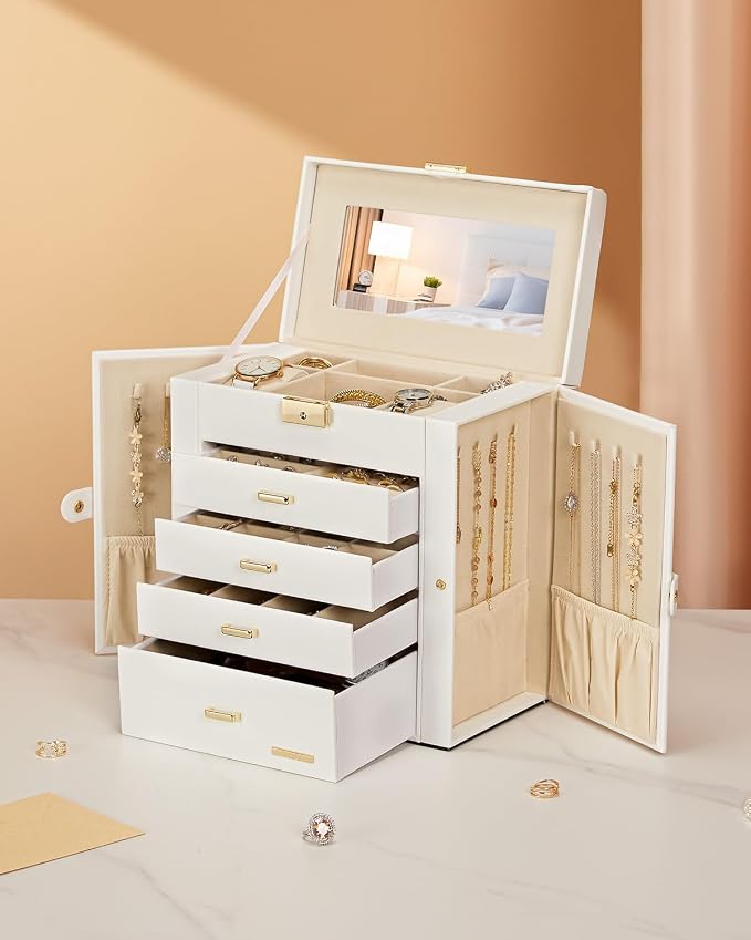 Homde Synthetic Leather Huge Jewelry Box Mirrored Watch Organizer Necklace Ring Earring Storage Lockable Gift Case (White + Gold) - Image 8