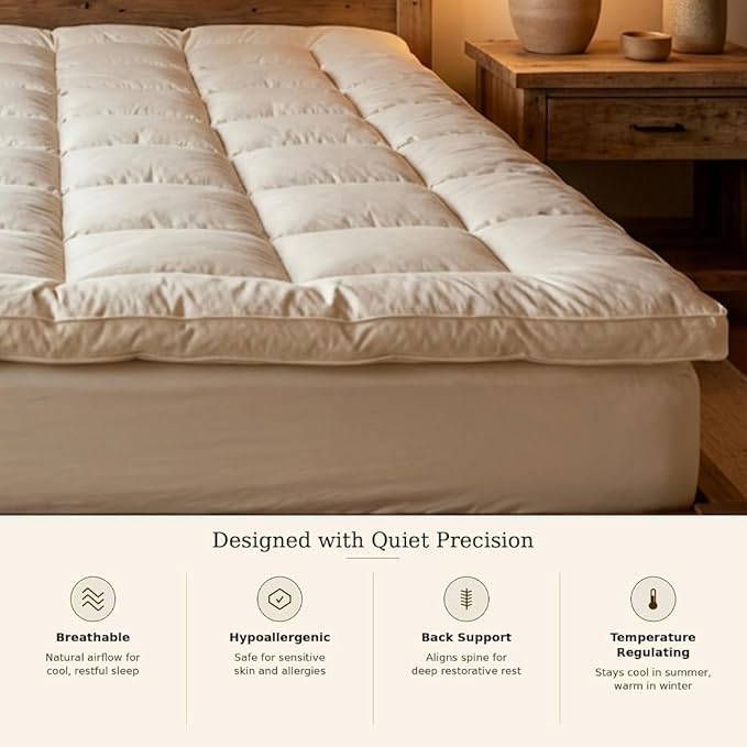 100% Merino Wool Mattress Topper for Back Pain Relief Natural Handmade Merino Wool Pad 2 Inches Thick Cooling Breathable with 2 Elastic Straps, Ivory Full 54x76 Inches