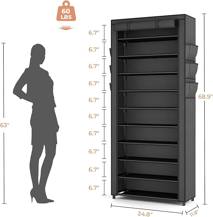 VTRIN Vertical Narrow Shoe Rack Organizer Tall Shoe Rack for Closet Entryway 10 Tier Non-Woven Cover Shoe Shelf Holds 36-41 Pairs Free Standing Shoe Storage Cabinet with Dustproof Cover, Black - Image 3