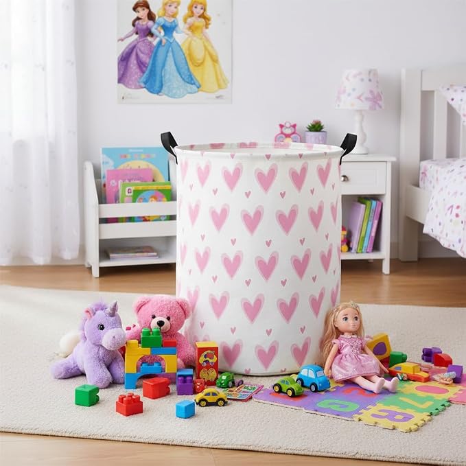 HIYAGON Baby Laundry Basket Baby Hamper for Nursery Girl Kids Butterfly Hamper Cute Kids Toys Storage Bin Organizer Butterfly Room Decor for Home(Pink Hearts) - Image 4