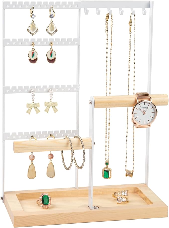 Jewelry Organizer Stand, Jewelry Holder, Lengnoy 4 Tier Earring Holder with 48 Holes and 6 Hooks Necklace Organizer Wood Box for Necklace Bracelet Earring Ring, White by lengnoyp