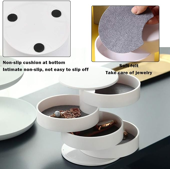 TIMESETL Jewelry Organizer, Small Jewelry Storage Box Earring Holder for Women, 4-Layer Rotating Travel Jewelry Tray Case with Lid for Bracelets Rings Bracelets - White - Image 5