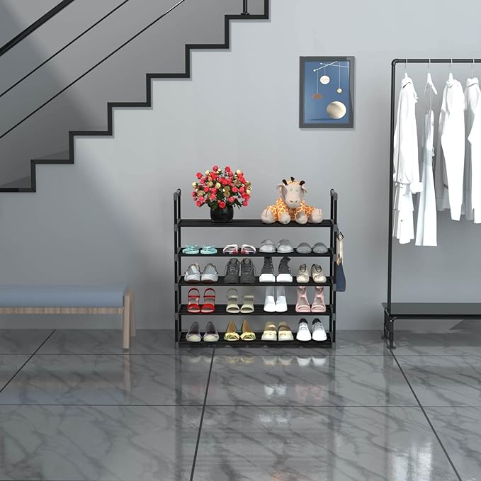 Hsscblet 5 Tiers Metal Shoe Rack,Adjustable Shoe Shelf Storage Organizer with Hooks,Stackable Boot & Shoe Storage,for Entryway,Hallway,Closet,Black - Image 4