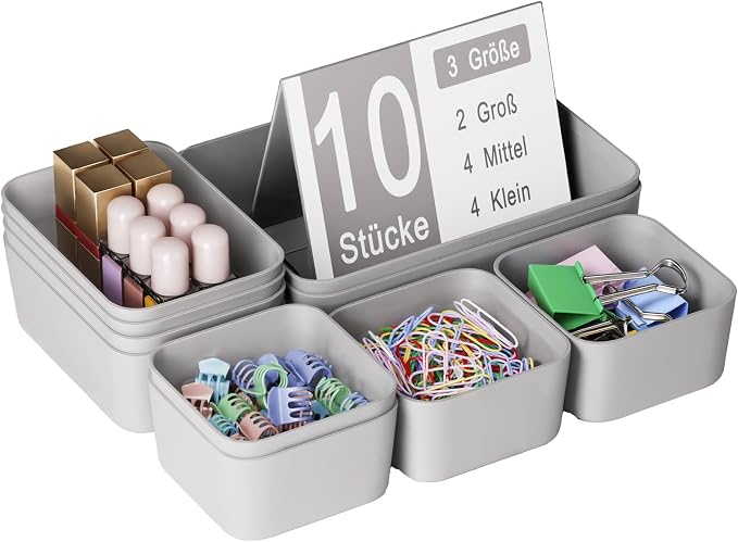 Plastic Drawer Organizers, 10 PCS Drawer Organizer Bins, Bathroom and Vanity Organizer Plastic Tray, Makeup Organizer and Storage for Makeup, Bedroom, Kitchen Gadgets Utensils and Office (Gray) by Homhut