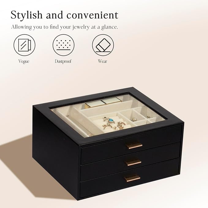 Jewelry Box with Glass Lid, 3-Layer Jewelry Organizer for Women Girls, PU Leather Display Case with 20-Grid Earring Tray & Movable Dividers for Necklaces Rings,Black - Image 5