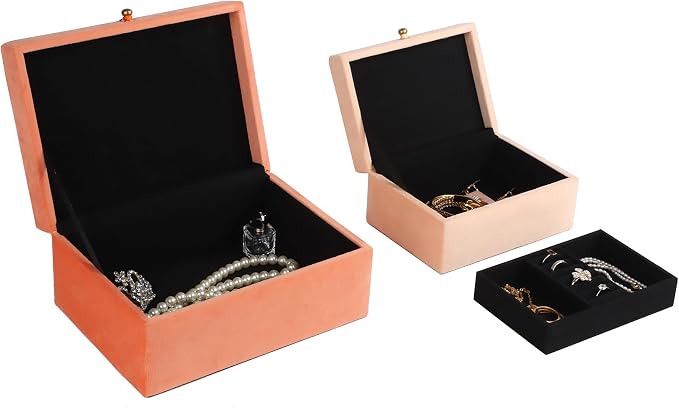 HofferRuffer Velvet Jewelry Boxes Decorative Boxes, Storage Accessory Organizer Boxes with Elegant Handle Decor, Classic Velvet Set of 2 Pieces (Orange) - Image 8