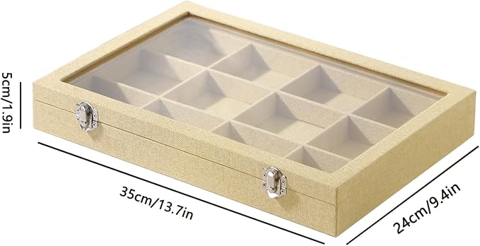 Coward Jewelry Organizer Box, Yellow Linen 12 Grids Bracelet Bangle Necklace Jewelry Display Tray Case with Transparent Glass Lid for Home Drawer Desk or Store Selling Show - Image 6