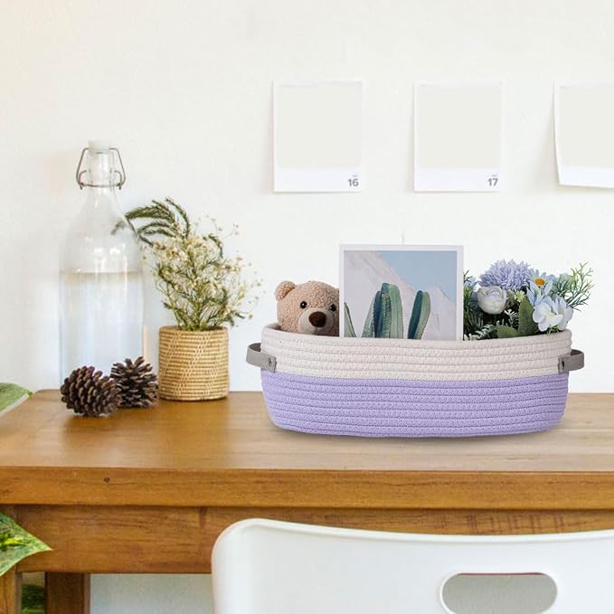 Cotton Rope Woven Basket Toilet Paper Baskets for Organizing Decorative Basket for Boho Decor Small Storage Basket Gift Baskets 13"x5.9"x4" Purple - Image 4