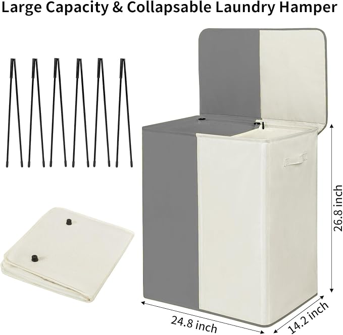 WOWLIVE Double Laundry Baseket with Lid and Removable Laundry Bags,154L Large Laundry Hamper 2 Section Collapsible Dirty Clothes Hamper for Laundry Room,College Dorm,Bathroom,Grey and Beige - Image 5