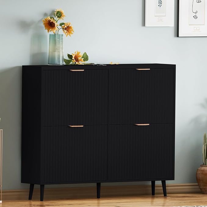 Shoe Cabinet Storage,Modern Freestanding Organizer with 4 Flip Drawers,Narrow Shoe Rack Cabinet for Entryway,Black - Image 7
