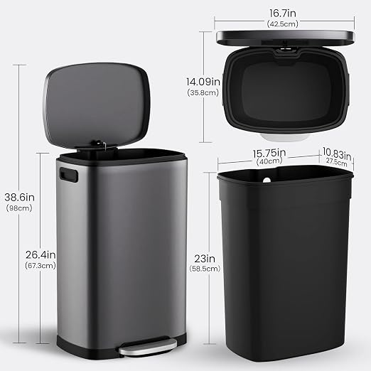 ELPHECO Kitchen Trash Can with Lid Soft Close, 13 Gallon / 50L Stainless Steel Pedal Garbage Can, Heavy-Duty Step Wastebasket with 20 Bags, Removable Bucket, Home Office, Titanium Silver - Image 4