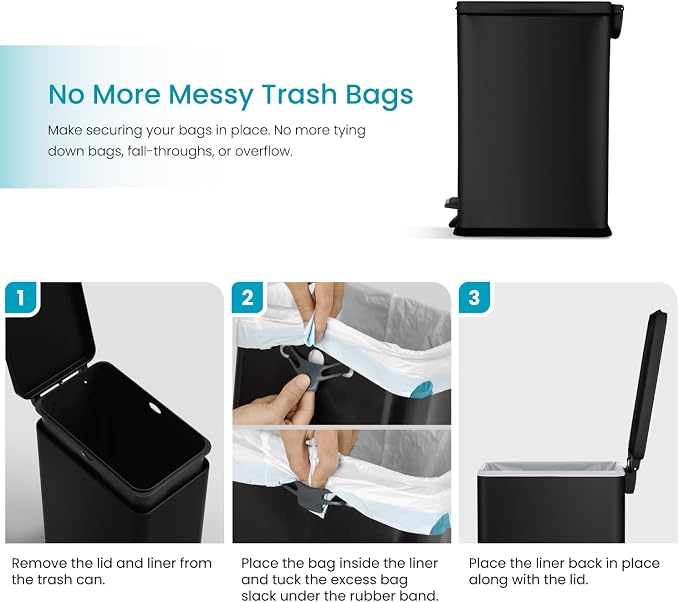 Home Zone Living 8 Gallon Slim Kitchen Trash Can with Soft Close Lid, Step Pedal, Bag Tuck Band, and Removable Liner, Stainless Steel, Matte Black - Image 4