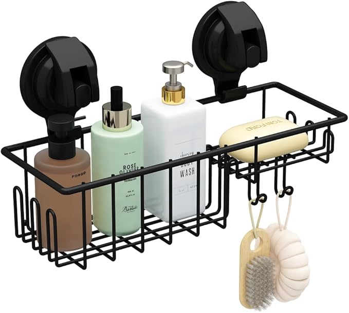 TESOT Suction Cup Shower Caddy, Shower Shelf Soap Dish with Hooks for Sponge, Rust Proof 304 Stainless Steel, Black - Image 4