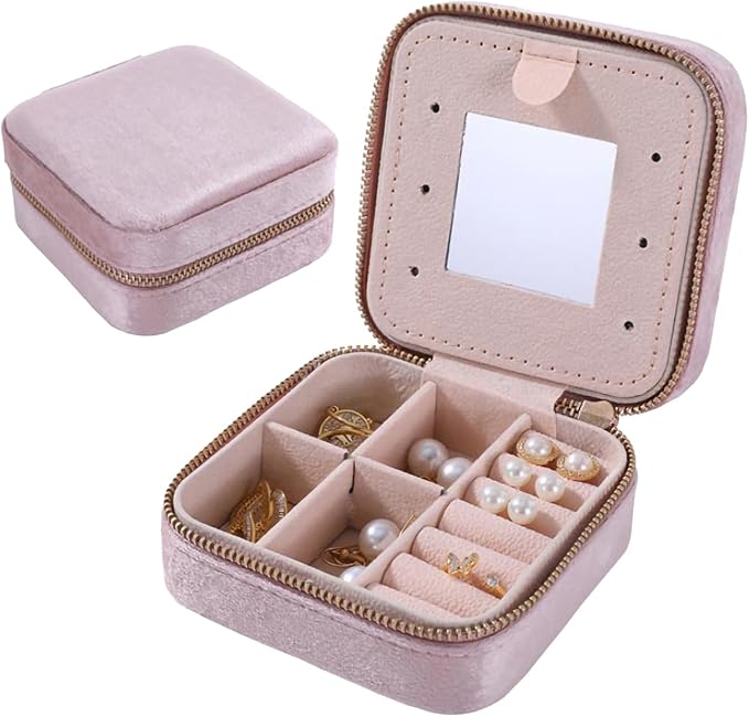 Personalized Velvet Travel Jewelry Case Jewelry Box For Women Ring Necklace Earring Holder Organizer Boxes With Mirror For Girls Jewelry Birthday Gifts For Mom Initial (Pink, Blank) by HKDSGF