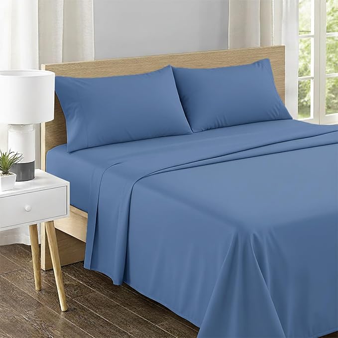 Feather & Stitch 500 TC California King Size 4pc Damask Bed Sheet Set, 100% Soft Cotton Breathable Bedsheets, 18" Deep Pockets Sateen Weave Solid Bedding Mattress - (Mist Blue)