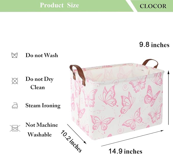 CLOCOR Rectangular Pink Basket, Collapsible Storage Bin, Waterproof Storage Box with Handles, Gift Organizer, Shelf Basket(Pink Butterfly) - Image 5