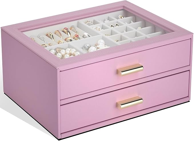 AKOZLIN Jewelry Box with Clear Lid Functional Leather Jewelry Storage Organizer Case 2 Drawers for Women Girls Necklace Ring Bracelet Earring by AKOZLIN