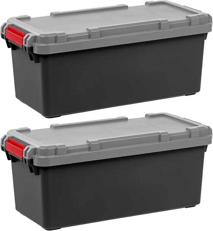 IRIS USA 2 Pack TrailBox, 15 Gallon Lockable Storage Trunk Box, Truck Bed Bin Heavy-Duty Containers Camping Gear, Adventure Chest - Dark Gray/Gray by IRISUSA