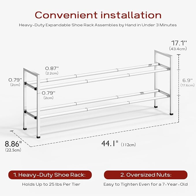Bumusty 2-Tier Long Expandable Shoe Rack for Closet, 18"-44" Adjustable Shoe Rack for Entryway, 10-12 Pairs Large Shoe Organizer Shelf Storage, Sturdy Metal, White - Image 3
