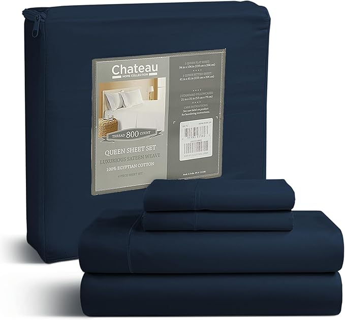 100% Egyptian Cotton Sheets Queen Size Set, 800TC Deep Pocket Queen Sheets Set, Soft Breathable Sateen Weave 4PC Elasticated Sheet & Pillowcase Sets, No Pill & Shrink, Fade Resistant- Dark Denim