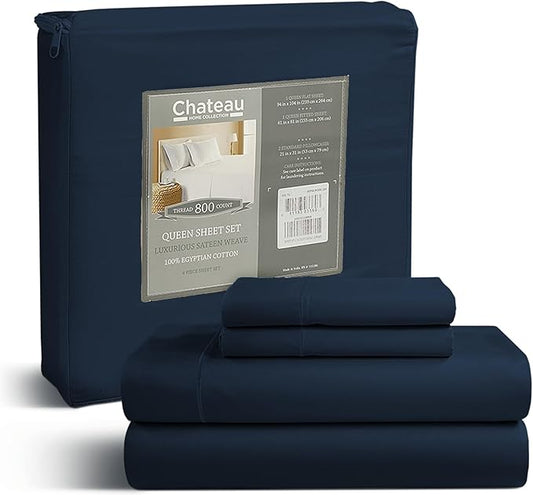 100% Egyptian Cotton Sheets Queen Size Set, 800TC Deep Pocket Queen Sheets Set, Soft Breathable Sateen Weave 4PC Elasticated Sheet & Pillowcase Sets, No Pill & Shrink, Fade Resistant- Dark Denim