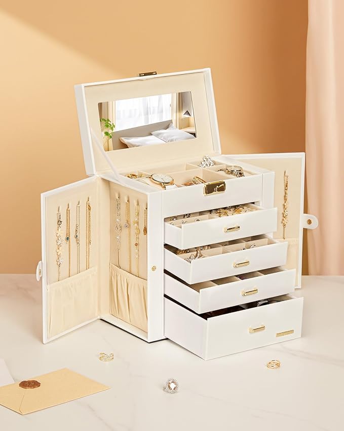 Homde Synthetic Leather Huge Jewelry Box Mirrored Watch Organizer Necklace Ring Earring Storage Lockable Gift Case (White + Gold) - Image 9