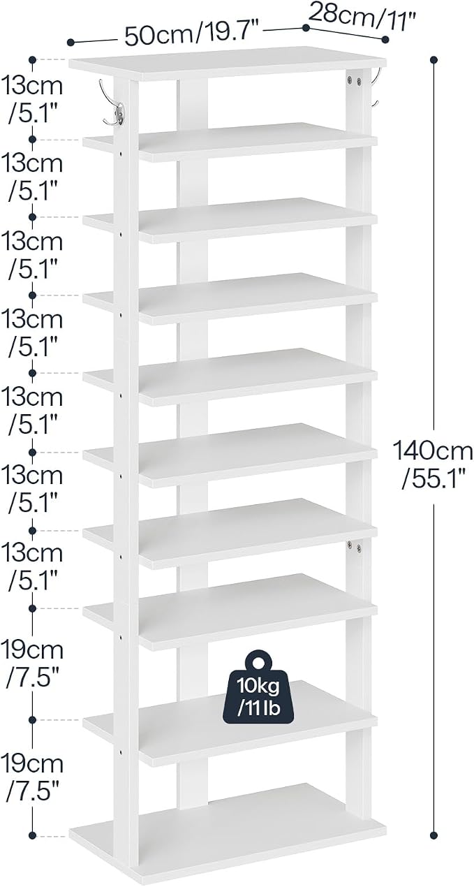 HOOBRO 10 Tiers Vertical Shoe Rack, Wooden Shoe Storage Organizer with Hooks, Narrow Shoe Tower for 20 Pairs, Space Saving, for Entryway, Living Room, Bedroom, White WT140XJ01 - Image 3