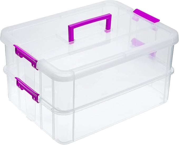 JUXYES 2-Tiers Stack Carry Storage Box With Handle, Transparent Stackable Storage Bin With Handle Lid Latching Storage Container for School & Office Supplies by JUXYES