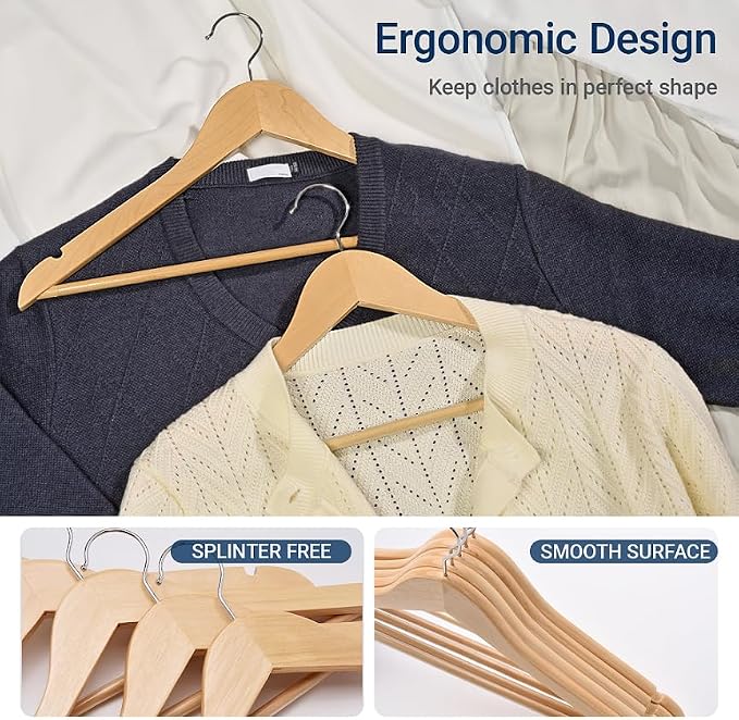 Amber Home 30 Pack Wooden Coat Hangers, Natural Wood Suit Hangers with Non-Slip Pant Bar, Clothes Hangers for Closet Organization, Shirts, Jackets, Dresses, and Pants (Natural, 30) - Image 4