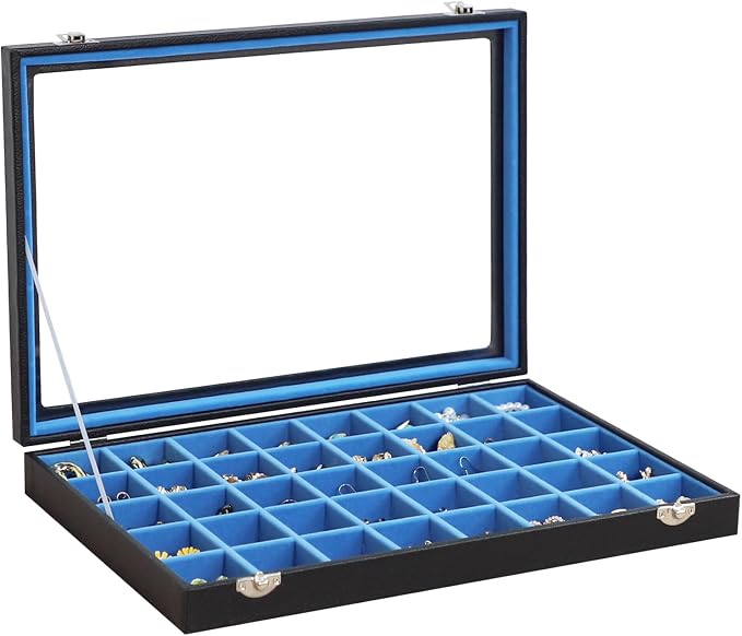Stratalife Jewelry Organizer 40 Grid Blue Black Jewelry Tray with Clear Dust-proof Lid Velvet Earring Organizer Necklace Rings Holder Display Drawer Storage Case for Women by Stratalife