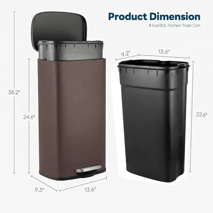 8 Gal Kitchen Trash Can, 30L Recycling or Garbage Bin, Brushed Stainless Steel Waste Basket, Soft&Quiet Close Dustbin, with Step-On Pedal, Removable Inner Bucket, for Home, Office, Living Room - Image 2