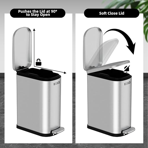 KSSKSS 2.6 Gallon Slim Bathroom Trash Can with Soft Close Lid, 10L Stainless Steel Garbage Can with Removable Liner Bucket, for Narrow Spaces,Bathroom, Bedroom (Silver) - Image 3