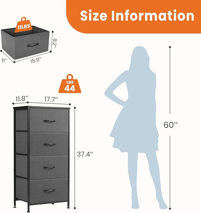 Sweetcrispy Dresser for Bedroom, Storage Drawers, Skinny Fabric Storage Tower with 4 Drawers, Tower Organizer Unit, Chest of Drawers with Wooden Top for Closet，Entryway