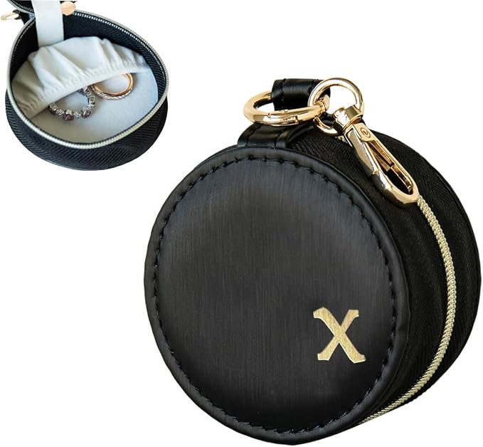COLLECTIVE HOME - Monogrammed Letter Jewelry Case, Portable Travel Ring Holder Box with Keychain, Personalized Initial Organizer for Earrings Necklaces, Gift for Her (Black-x) by COLLECTIVEHOME