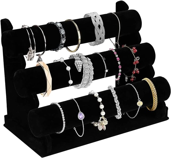 OSPNIEEK Velvet Bracelet Holder with 3 Tier Rack, Black Detachable Jewelry Display Stand T-Bar Necklace Storage Organizer for Bangles Watch Bracelets Scrunchies Organization Showcase by OSPNIEEK