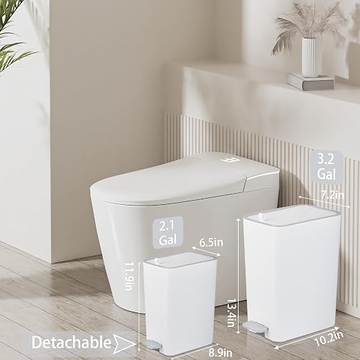 rejomiik Small Bathroom Trash Can with Lid, 3.2 Gallon Step Garbage Can with Handle, Slim Mini Wastebasket Bin for Bedroom, Office, Dorm, White - Image 2